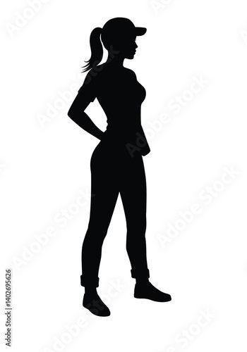 Trucker woman silhouette. A woman in a trucker hat stands with hands on hips in a confident and casual pose. Vector clipart black illustration design.