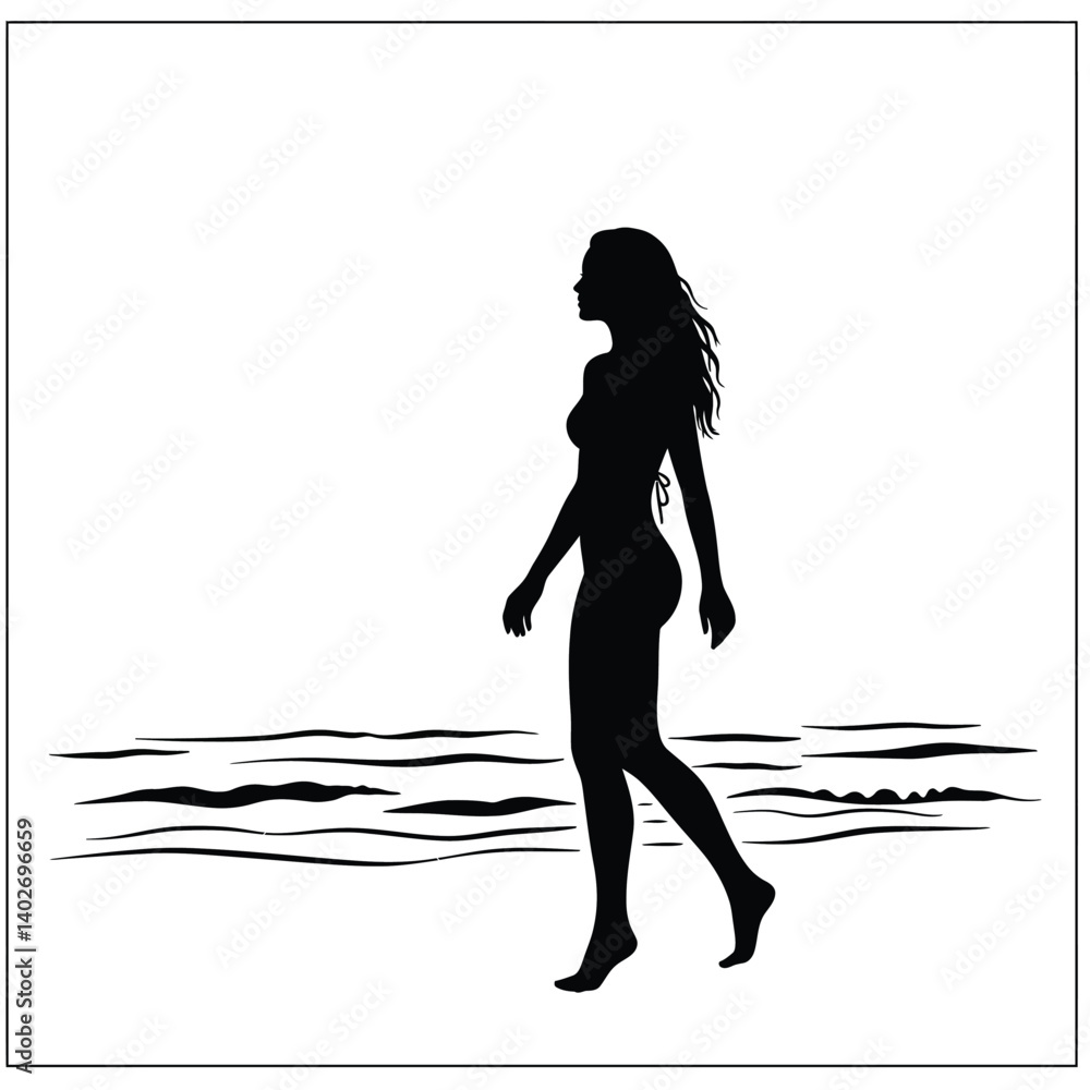 Beach silhouette woman. A woman walking barefoot along the beach with the ocean waves and a tranquil setting in the background. Vector clipart black illustration design. Beach silhouette woman. A woman walking barefoot along the beach with the ocean waves and a tranquil setting in the background. Vector clipart black illustration design.