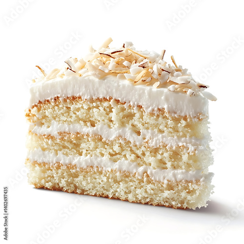 A thick slice of coconut cake with a soft crumb, creamy coconut filling, and shredded coconut on top