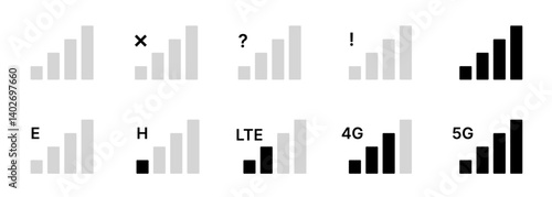 mobile signal level. Signal level icon set. Mobile signal level connection icons. Signal strength indicator with symbols. Network level symbol collection set. Network signal strength levels. Wireless 