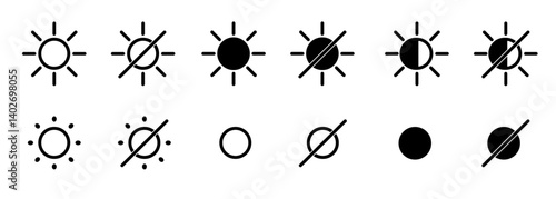 screen brightness control level device settings. Screen brightness level icon. Day and night slider level control. Brightness contrast on white background. Vector elements.