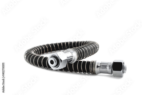 Pneumatic hose, car air brake hose, hydraulic hose, hose with a protective sheath for the technical needs of industry. White background,  selective focus
