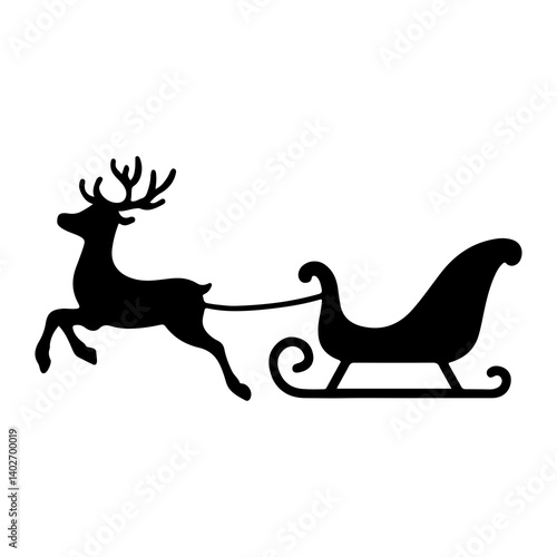 Reindeer pulling sleigh silhouette icon, black Christmas symbol representing Santa's sleigh, winter holiday, and festive celebration

