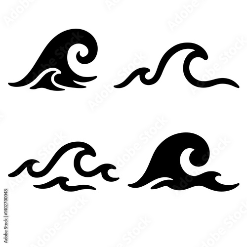 Set of ocean wave silhouette icons, black decorative water symbols for sea, surf, beach, and nautical or coastal design themes
