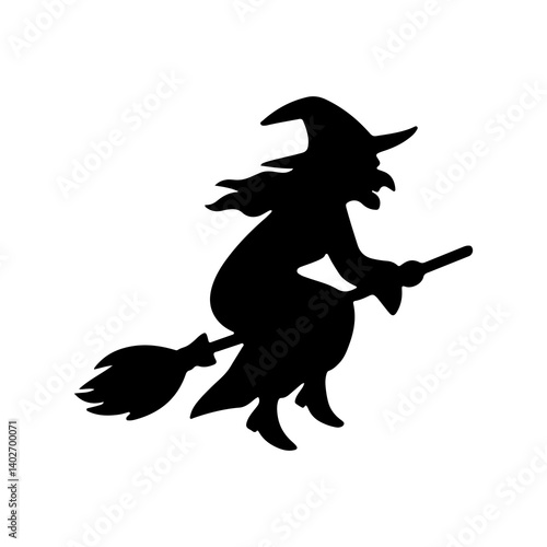 Flying witch silhouette icon on broomstick, black Halloween symbol representing magic, folklore, and spooky holiday themes
