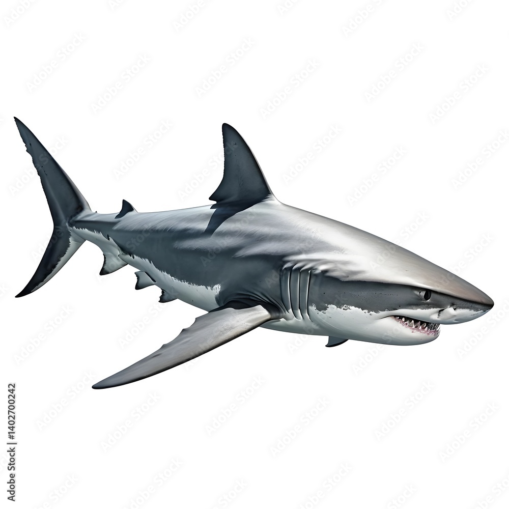 Fototapeta premium Great White Shark Swimming, Isolated on White