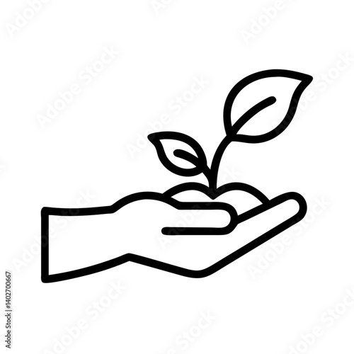 白背景に成長する植物を持つ手のシンボリックな線画