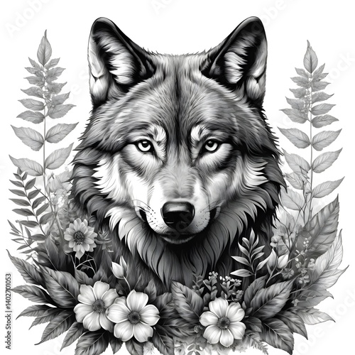 Wallpaper Mural Wolf Portrait with Floral Frame Torontodigital.ca