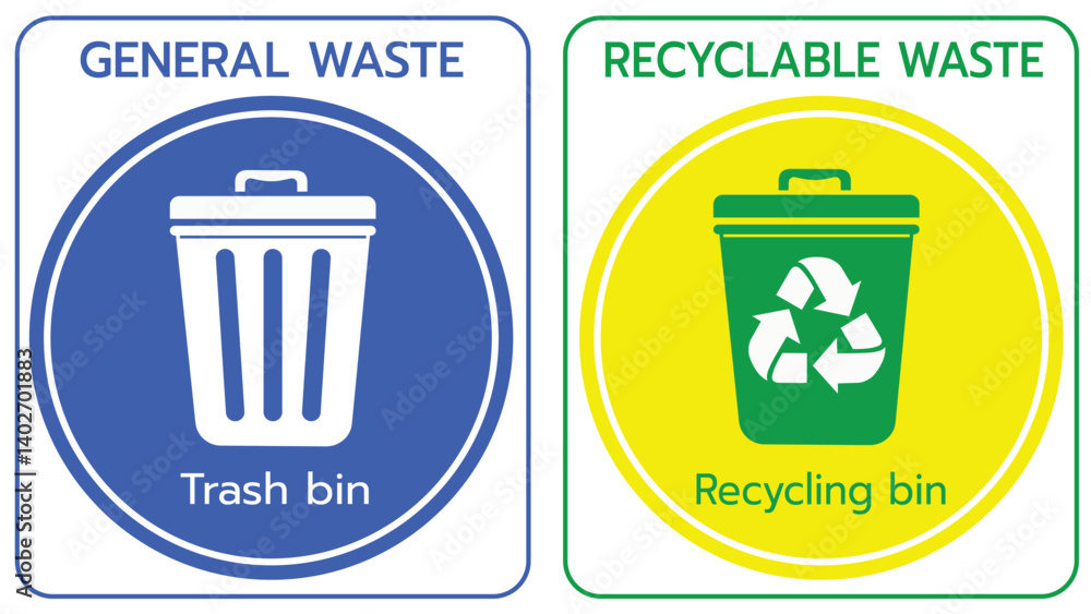 A clear and colorful waste disposal sign showing two types of waste bins: a blue trash bin for general waste and a green recycling bin for recyclable materials. A clear and colorful waste disposal sign showing two types of waste bins: a blue trash bin for general waste and a green recycling bin for recyclable materials.