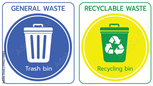 A clear and colorful waste disposal sign showing two types of waste bins: a blue trash bin for general waste and a green recycling bin for recyclable materials. 