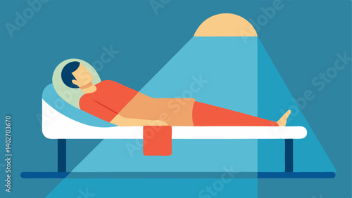 Relaxing Posture A person lying flat on a treatment table comfortably draped in a light blanket with their arms resting at their sides under a radiant infrared light panel.