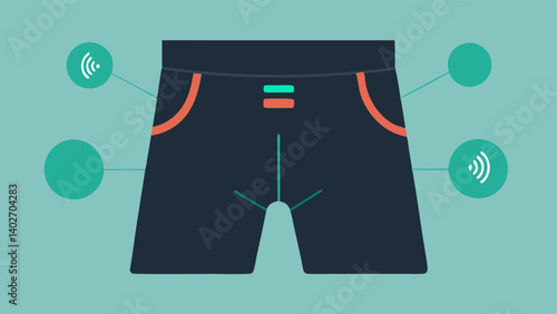 Smart Running Shorts Bright running shorts that incorporate sensors along the waistband and inner thighs showing metrics like distance run and calories burned in small popup