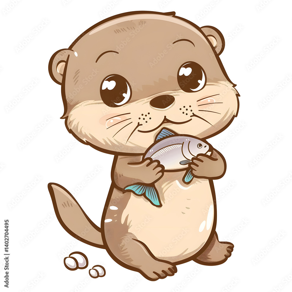 kawaii cartoon otter with big shiny eyes and chubby cheeks, smiling with tiny paws holding a fish, soft pastel brown tones, adorable nursery style, isolated on white background kawaii cartoon otter with big shiny eyes and chubby cheeks, smiling with tiny paws holding a fish, soft pastel brown tones, adorable nursery style, isolated on white background