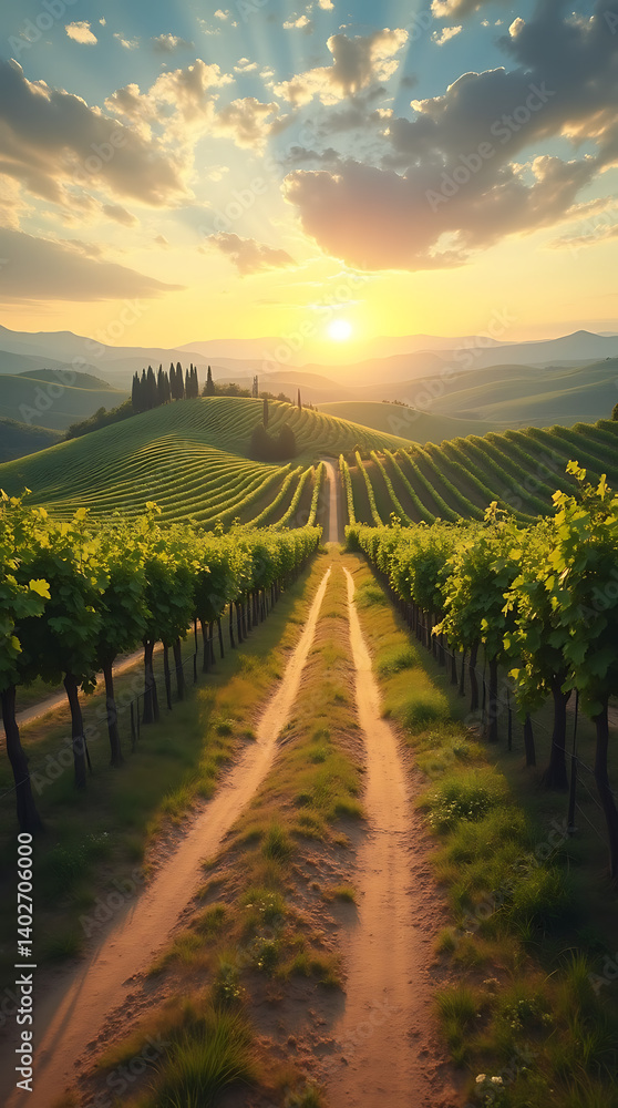 Naklejka premium Tuscan Vineyard Tranquility: A Journey Through Rolling Hills, Sunlit Vineyards, and Timeless Italian Charm