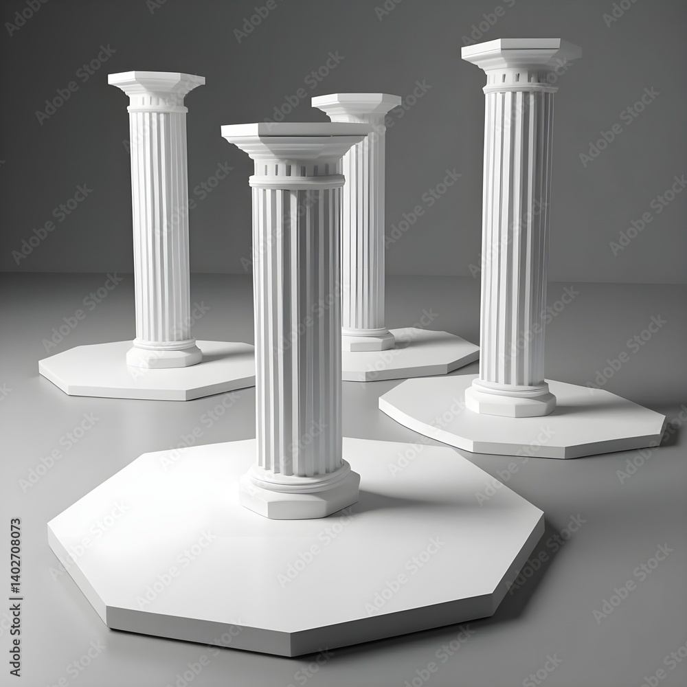 Obraz premium Three White Classical Columns on Octagonal Bases