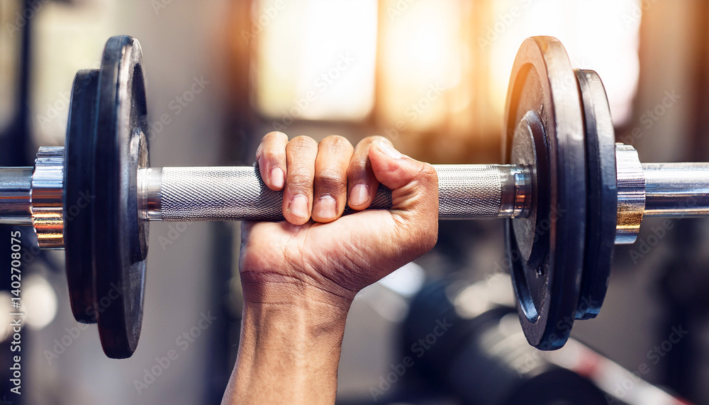 hand gripping dumbbell with a strong, determined hold. The background features a blurred view of other gym equipment, highlighting the focus on the dumbbell and the intensity of the workout, fitness hand gripping dumbbell with a strong, determined hold. The background features a blurred view of other gym equipment, highlighting the focus on the dumbbell and the intensity of the workout, fitness