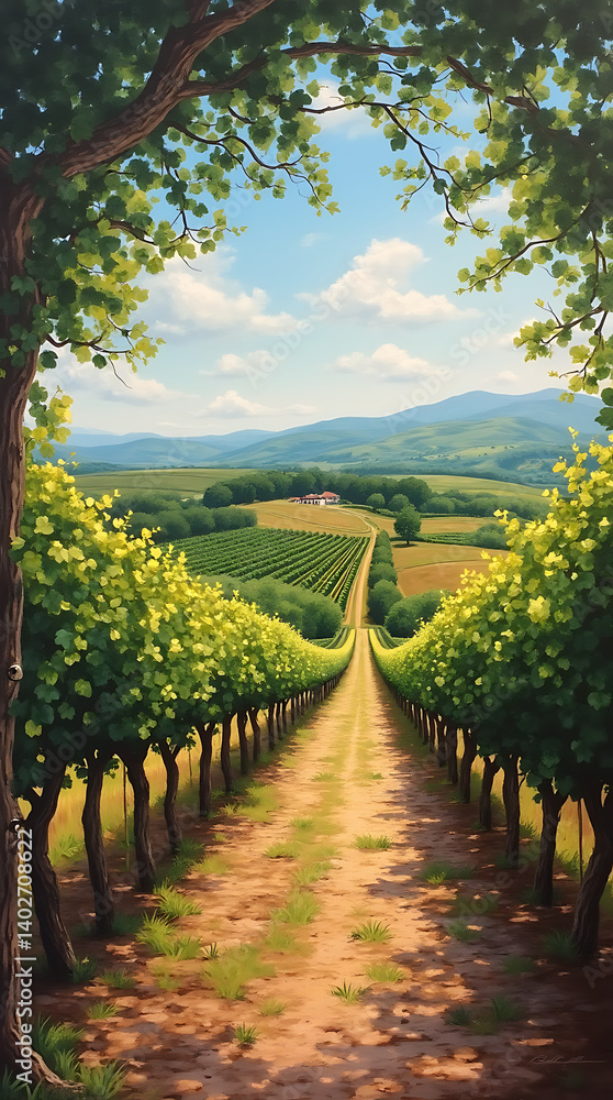 Fototapeta premium Tuscan Vineyard Tranquility: A Journey Through Rolling Hills, Sunlit Vineyards, and Timeless Italian Charm