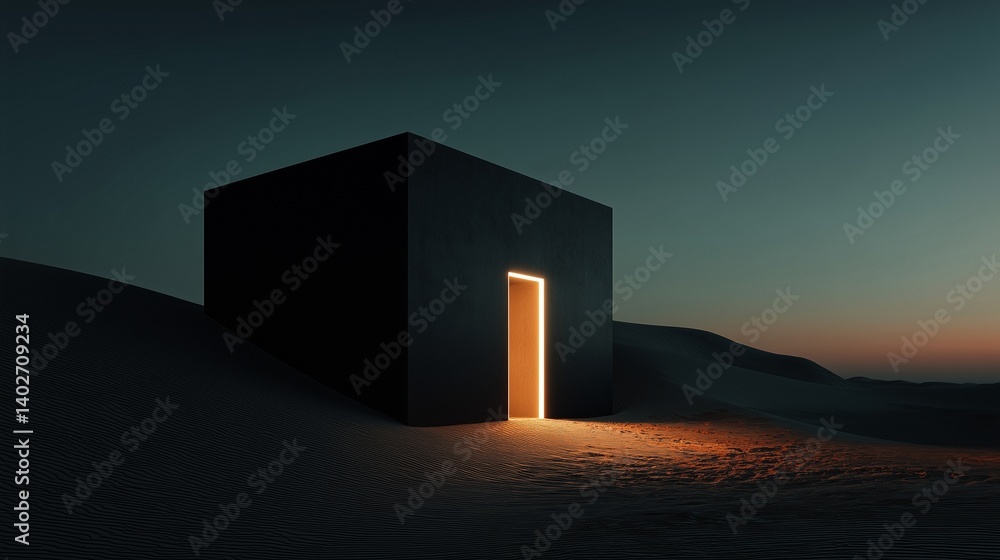 black monolithic desert house with single white neon outline and moonlit sand at night black monolithic desert house with single white neon outline and moonlit sand at night