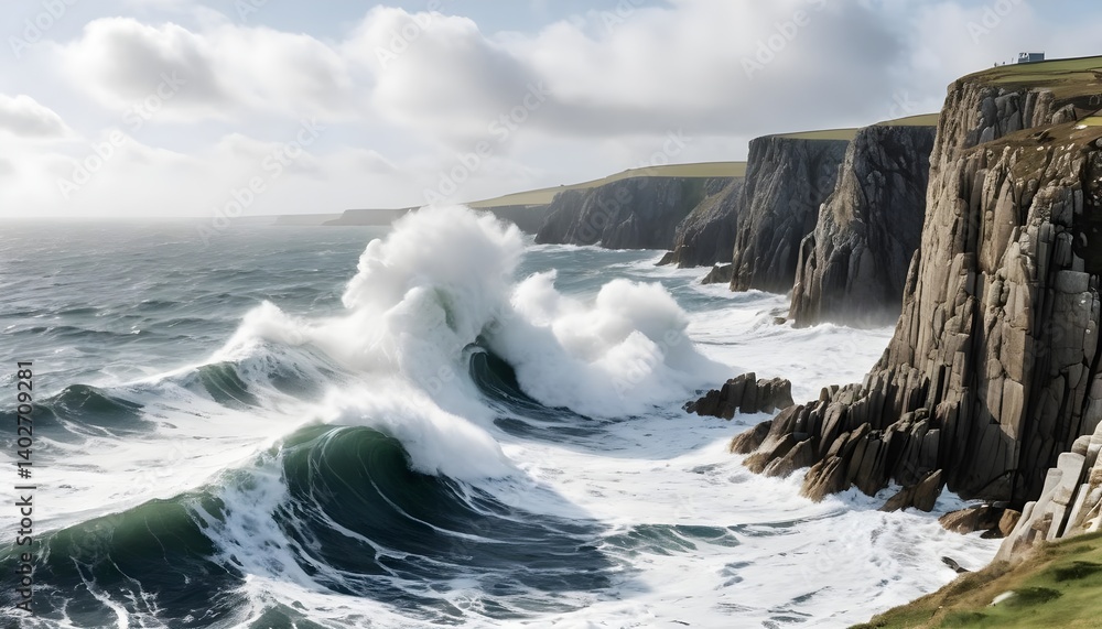 Fototapeta premium Dramatic Ocean Waves Crashing Against Rugged Cliffs