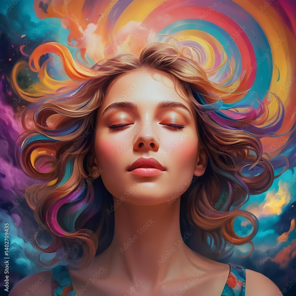Fototapeta premium Serene Woman with Rainbow Hair in a Dreamlike Landscape
