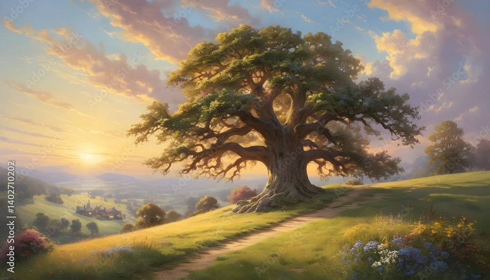 Fototapeta premium Majestic Oak Tree at Sunset Over Rolling Hills