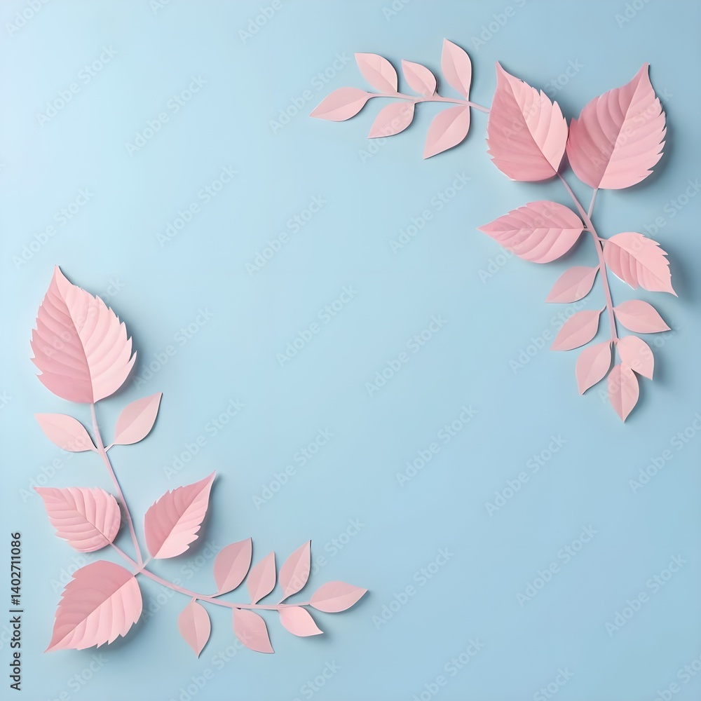 Fototapeta premium Pink Paper Leaves Frame on Light Blue Background