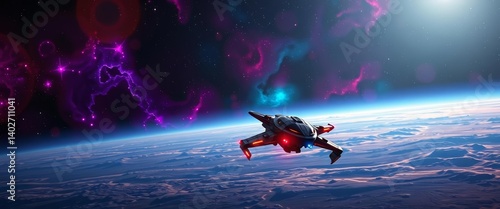 Vibrant spaceship orbiting a colorful alien planet, vast empty space, adventure, painting
