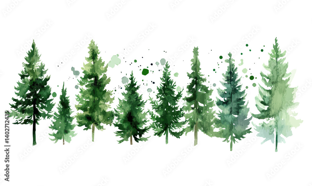 Obraz premium Minimalist Watercolor Pine Tree Silhouettes on White Background for Nature Themes