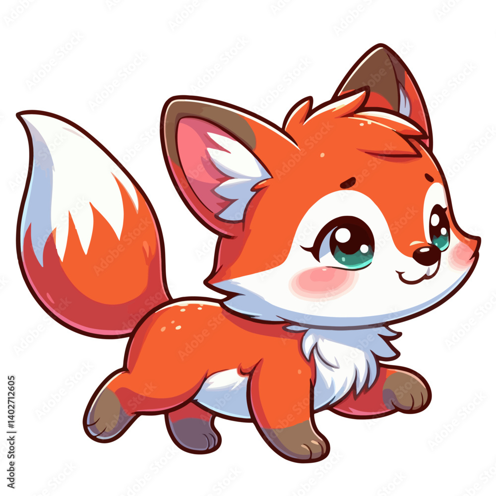 Obraz premium Charming cartoon illustration of a cute red fox with big, adorable eyes, white markings, and a playful expression, taking a step. Represents adorable animals, woodland wildlife, and children's themes.