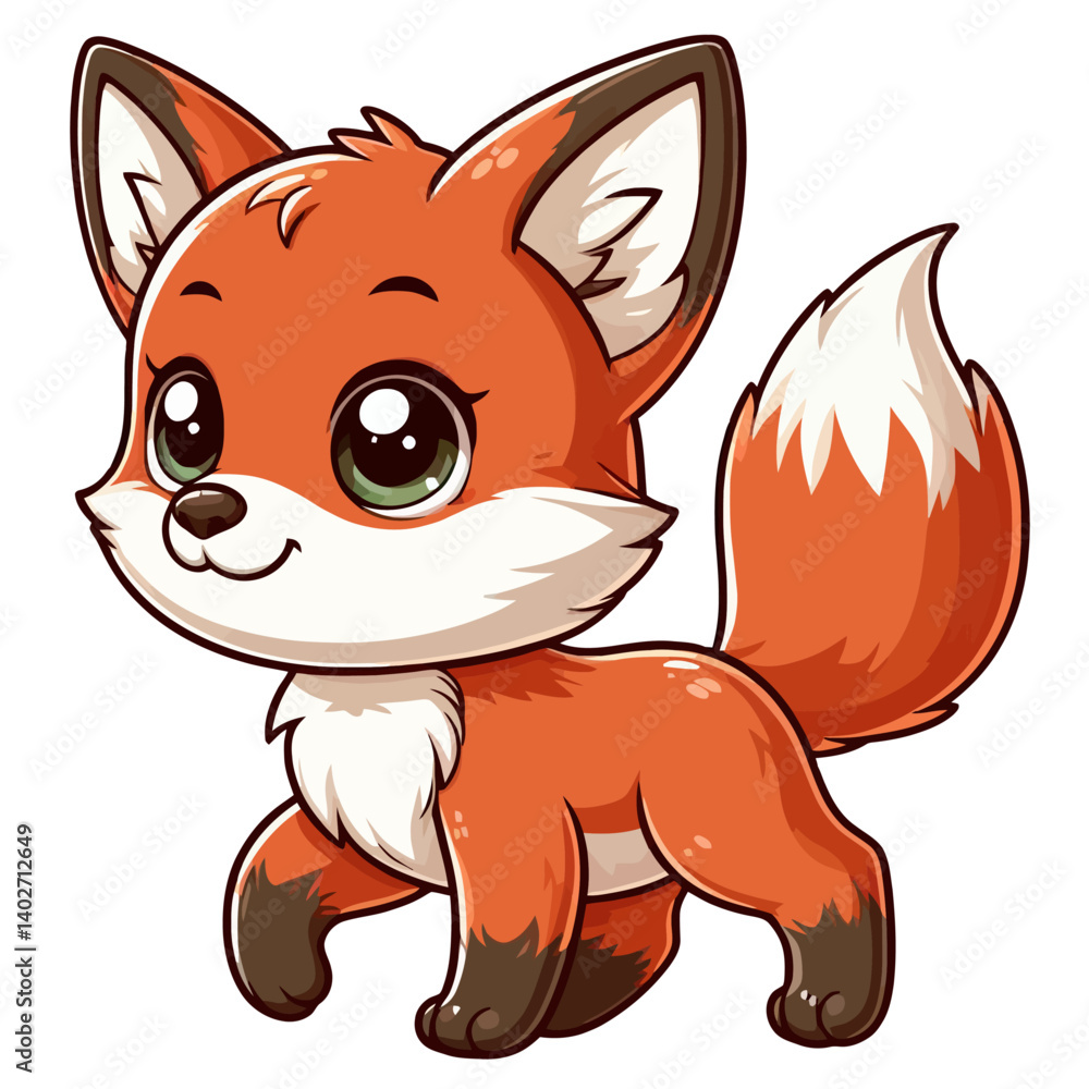 Obraz premium Charming cartoon illustration of a cute red fox with big, adorable eyes, white markings, and a playful expression, taking a step. Represents adorable animals, woodland wildlife, and children's themes.