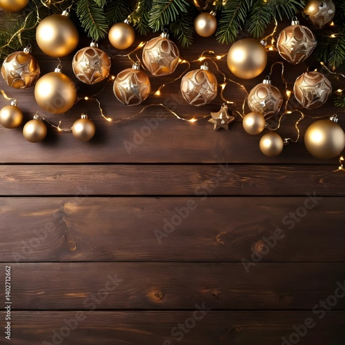 Festive Christmas Background with Gold Ornaments and Fir Branches on Rustic Wood