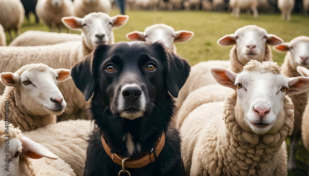 Fototapeta premium Black Dog Among Sheep