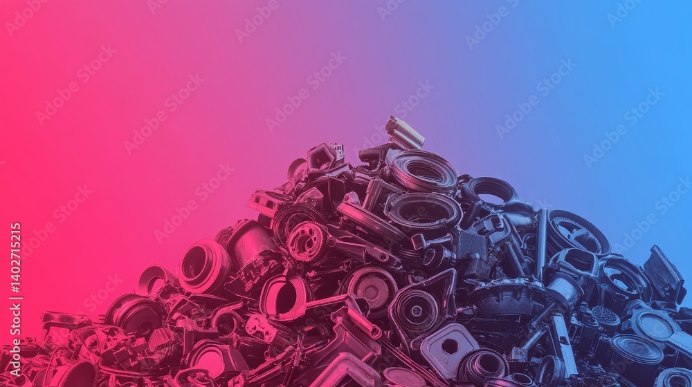 Fototapeta premium Automotive parts pile on gradient background: car component heap with red and blue hues maintenance and industry concept