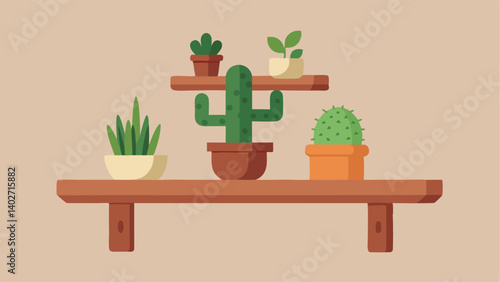 A wallmounted driftwood shelf holding potted cacti.