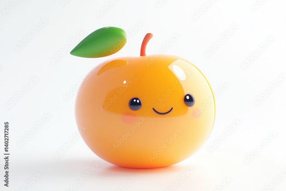A cute, smiling orange with a single green leaf, rendered in 3D. A cute, smiling orange with a single green leaf, rendered in 3D.