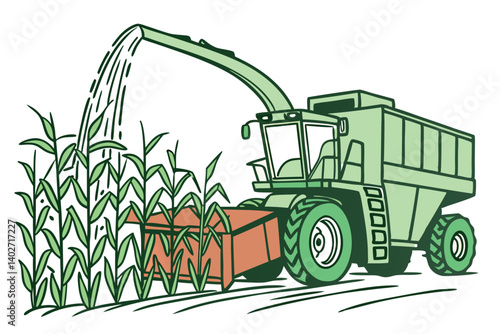 Farm equipment working in the field to harvest silage with a green tractor machine processing corn stalks in the rural farmland