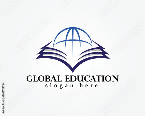 global education logo, half globe striped inside an open book, logo design inspiration