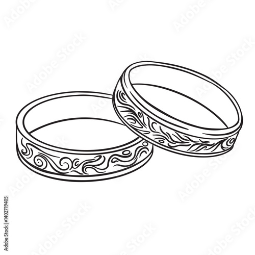 Wedding traditional golden wedding rings, sketch style illustration isolated on white background