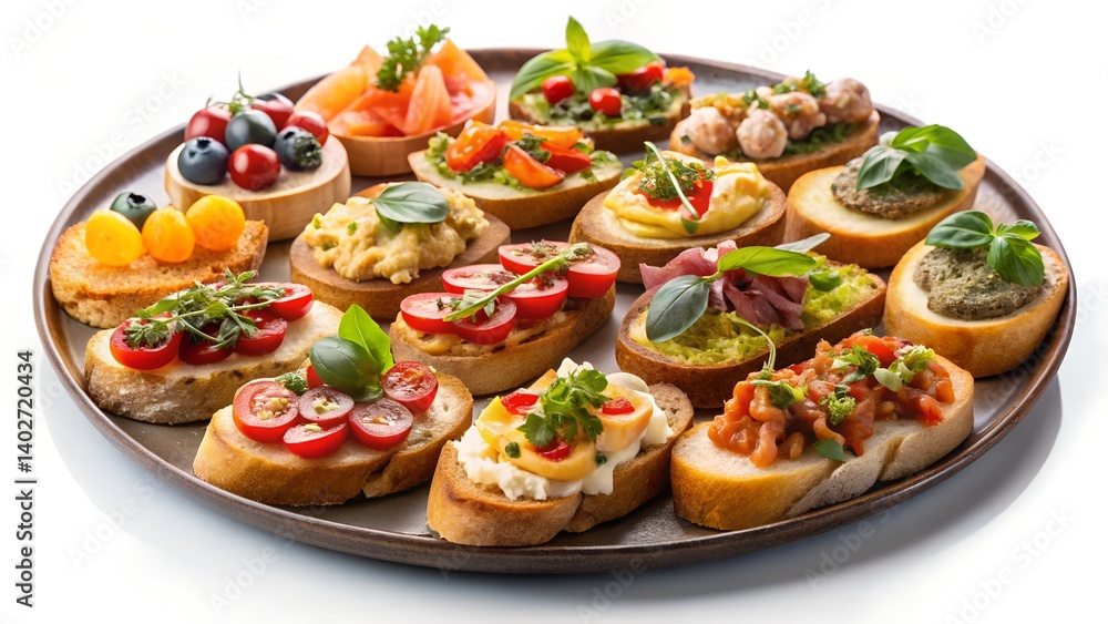 Assorted Bruschetta with Gourmet Toppings- Mixed Crostini and Small Sandwiches Platter on white background. Assorted Bruschetta with Gourmet Toppings- Mixed Crostini and Small Sandwiches Platter on white background.