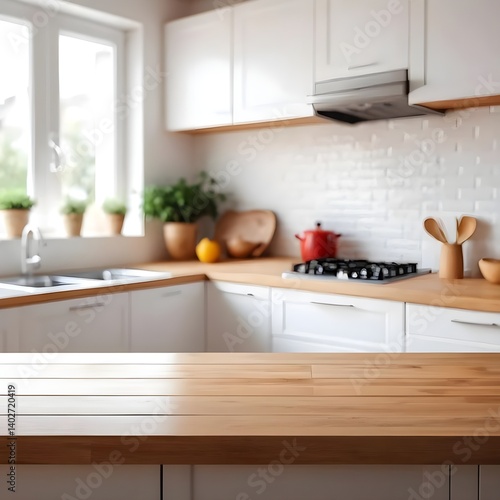 Empty Wooden Kitchen Countertop with Blurred Modern Kitchen Background