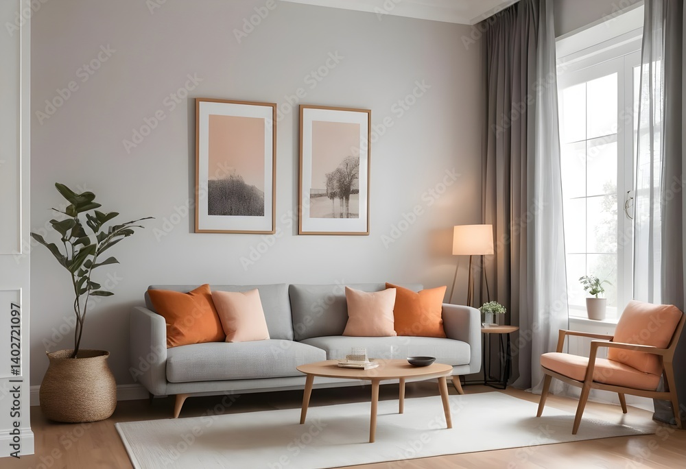 Fototapeta premium Modern Living Room Interior with Gray Sofa and Orange Pillows