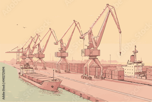 Shipyard operations with ship loading and unloading scenes, Industrial Port Scene with Cranes and Cargo Ship at Sunset in Soft Colors EPS and vector formats.