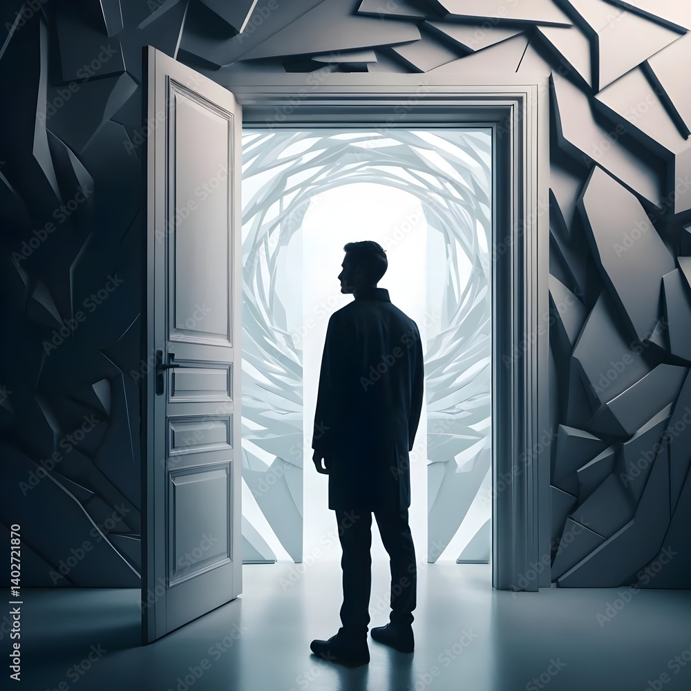Fototapeta premium Man Contemplating the Unknown, Futuristic Doorway