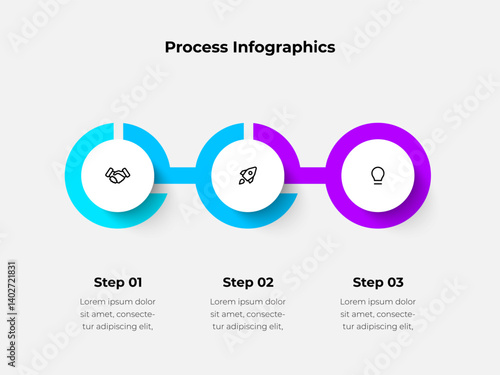 Colorful three-step process infographic with icons depicting collaboration, development, and innovation, ideal for business presentations and workflow visuals