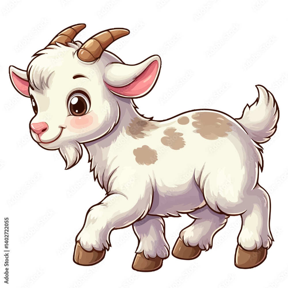 Fototapeta premium Charming cartoon illustration of a cute baby goat with big, adorable green eyes, white fluffy fur, small horns, and a playful expression, taking a step. Represents adorable animals, farm animals, and 
