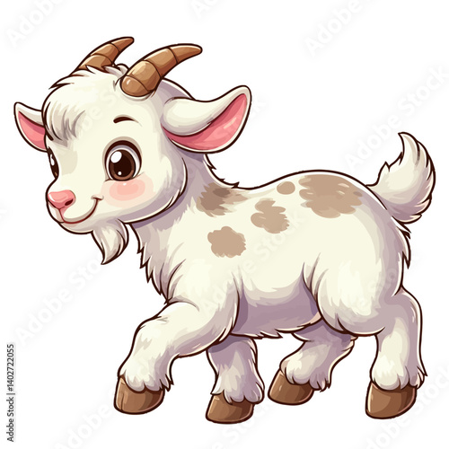 Charming cartoon illustration of a cute baby goat with big, adorable green eyes, white fluffy fur, small horns, and a playful expression, taking a step. Represents adorable animals, farm animals, and 