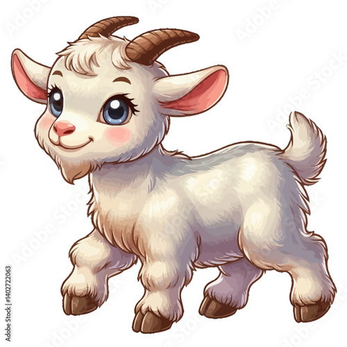 Charming cartoon illustration of a cute baby goat with big, adorable green eyes, white fluffy fur, small horns, and a playful expression, taking a step. Represents adorable animals, farm animals, and 