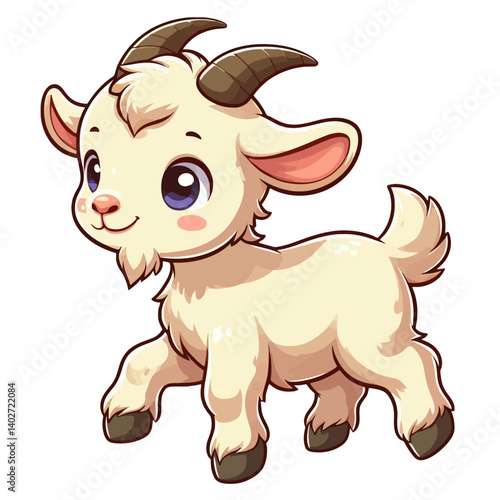 Charming cartoon illustration of a cute baby goat with big, adorable green eyes, white fluffy fur, small horns, and a playful expression, taking a step. Represents adorable animals, farm animals, and 