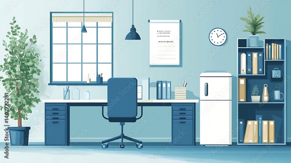 Modern Home Office Interior with Desk and Plants, A modern home office with a desk, chair, plants, and storage cabinets Modern Home Office Interior with Desk and Plants, A modern home office with a desk, chair, plants, and storage cabinets