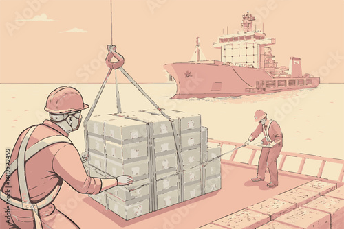 Shipyard operations with ship loading and unloading scenes, Loading Cargo onto Ship at Port with Workers and Large Vessel in Background 